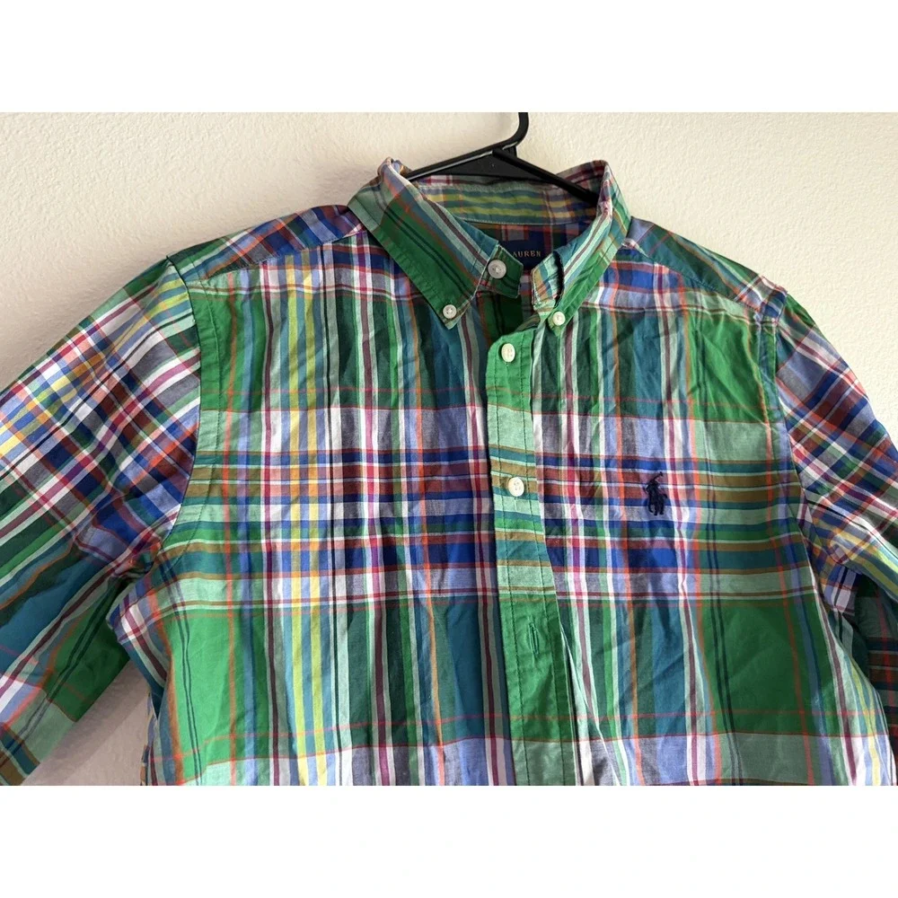 Ralph Lauren Boys Large 14/16 Green Madras Plaid Button Down Shirt Sleeve Preppy